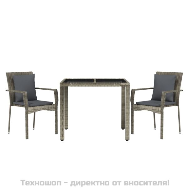 Градински трапезен комплект 3 части с възглавници сив полиратан
