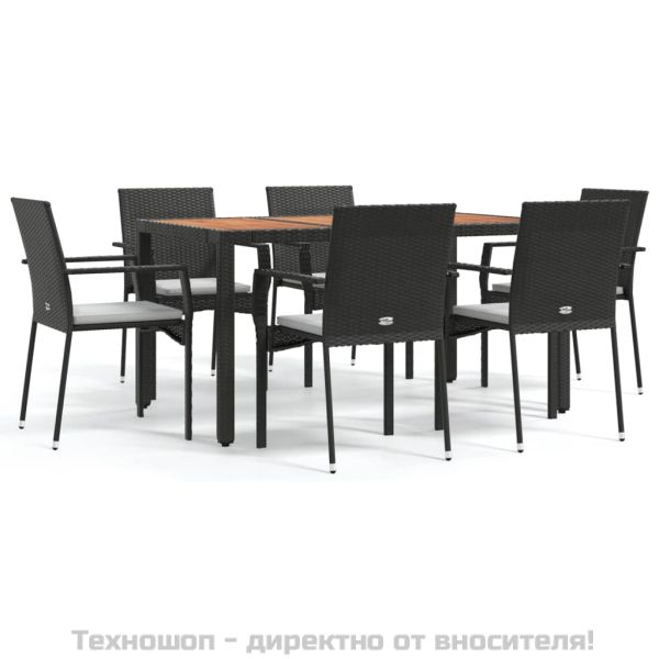 Градински трапезен комплект 7 части възглавници черен полиратан