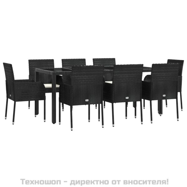 Градински трапезен комплект възглавници 9 части черен полиратан