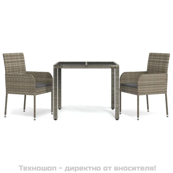 Градински трапезен комплект 3 части с възглавници сив полиратан