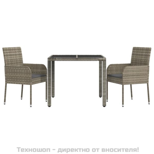 Градински трапезен комплект 3 части с възглавници сив полиратан