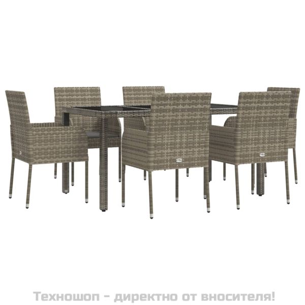 Градински трапезен комплект 7 части с възглавници сив полиратан