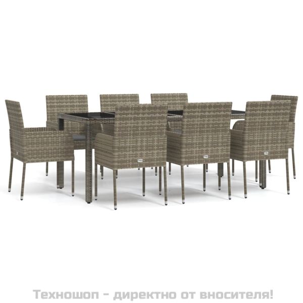 Градински трапезен комплект 9 части с възглавници сив полиратан