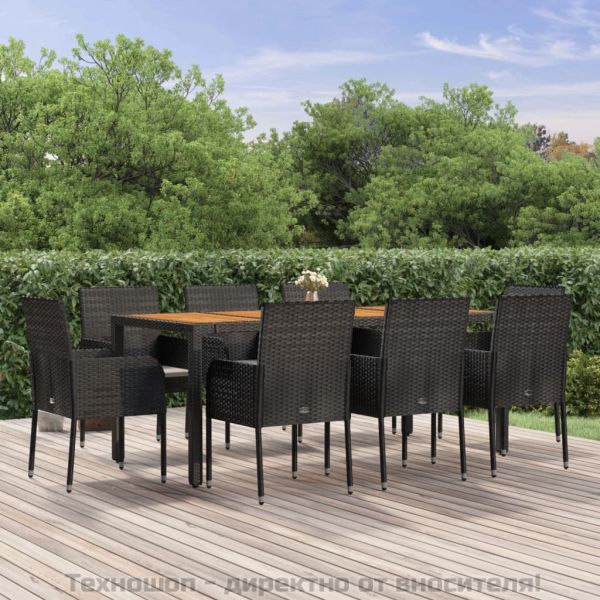 Градински трапезен комплект възглавници 9 части черен полиратан