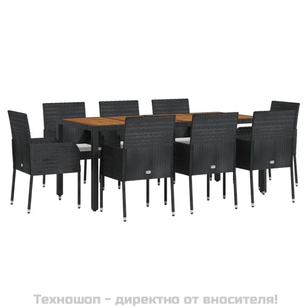 Градински трапезен комплект възглавници 9 части черен полиратан