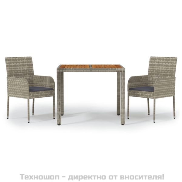 Градински трапезен комплект 3 части с възглавници сив полиратан