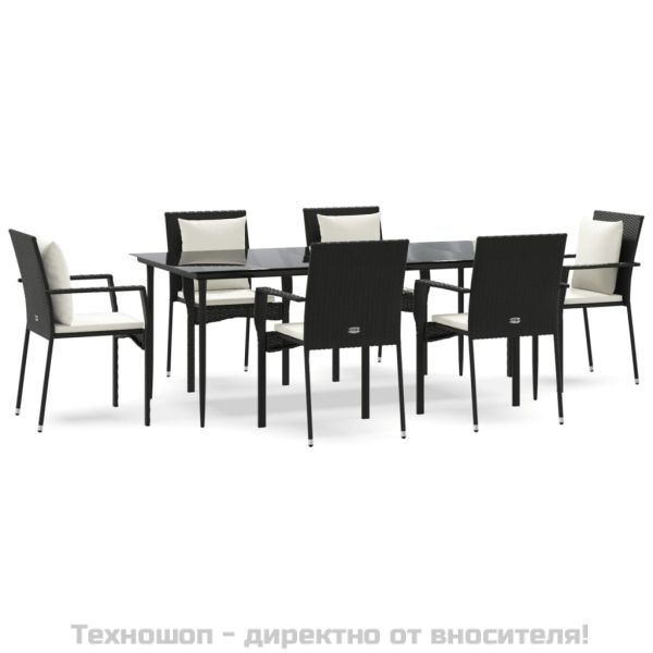Градински трапезен комплект 7 части възглавници черен полиратан