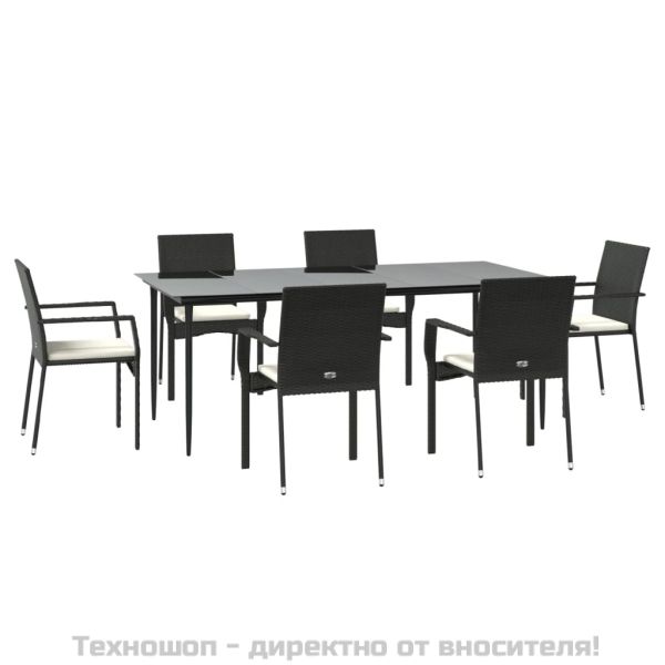 Градински трапезен комплект 7 части възглавници черен полиратан