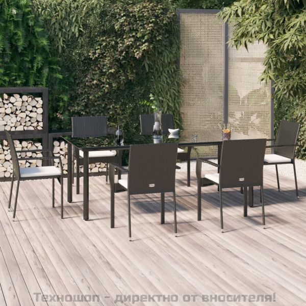 Градински трапезен комплект 7 части възглавници черен полиратан