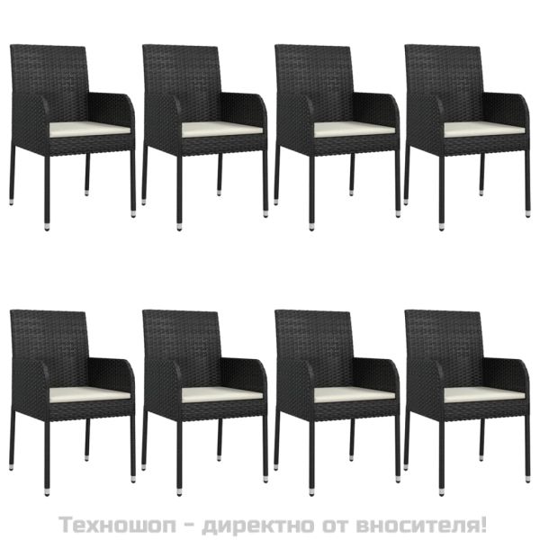 Градински трапезен комплект възглавници 9 части черен полиратан