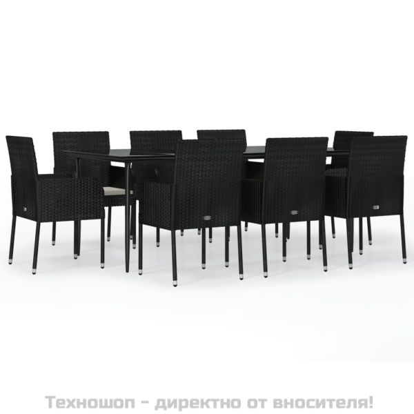 Градински трапезен комплект възглавници 9 части черен полиратан