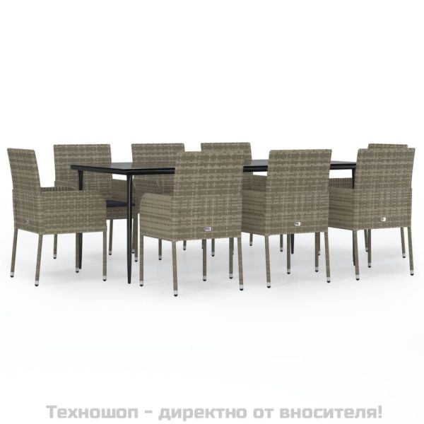 Градински трапезен комплект 9 части с възглавници сив полиратан