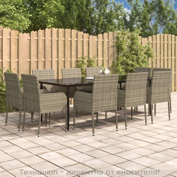 Градински комплект с възглавници 11 части черно/сиво полиратан