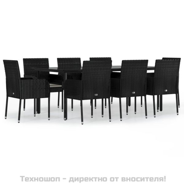 Градински трапезен комплект възглавници 9 части черен полиратан