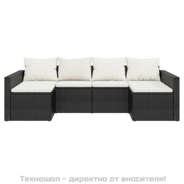 Градински лаундж комплект с възглавници 2 части черен полиратан