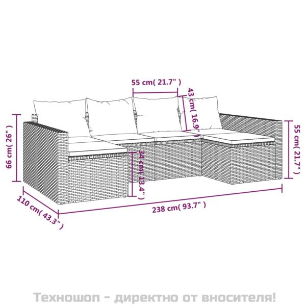 Градински лаундж комплект с възглавници 2 части черен полиратан