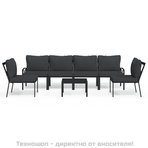 Градински лаундж комплект 7 части със сиви възглавници стомана