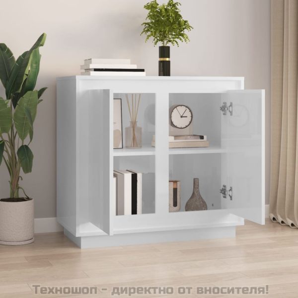 Сайдборд, бял гланц, 80x34x75 см, инженерно дърво