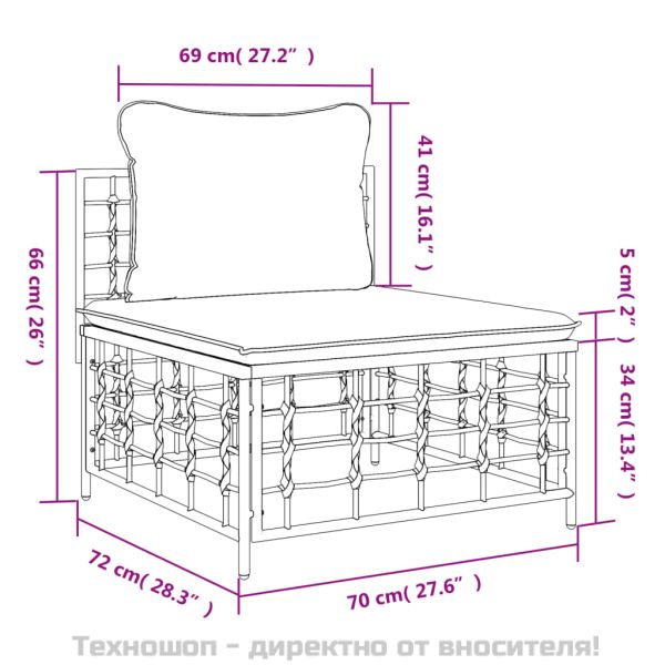 Градински среден диван с тъмносиви възглавници, полиратан