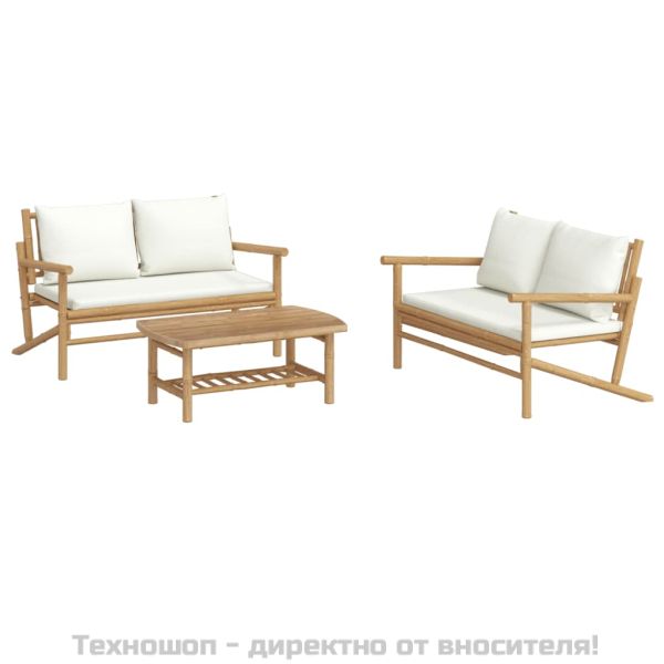 Градински лаундж комплект с кремави възглавници 3 части бамбук