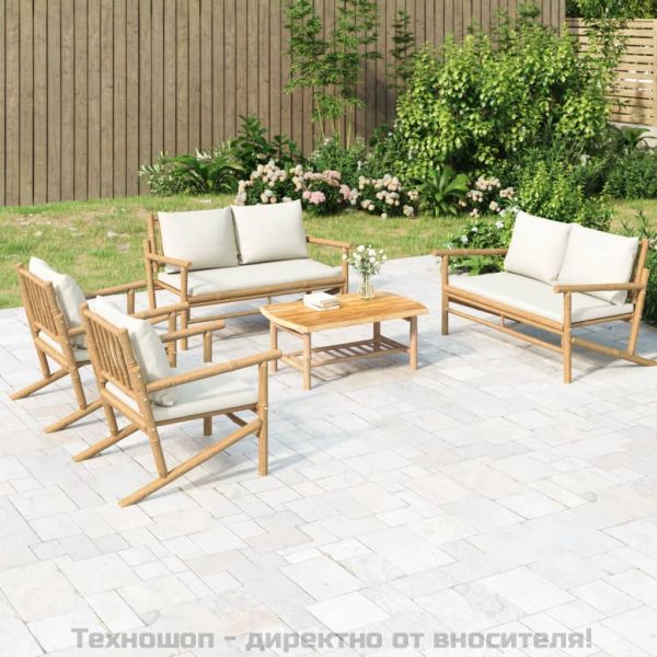 Градински лаундж комплект с кремави възглавници 5 части бамбук