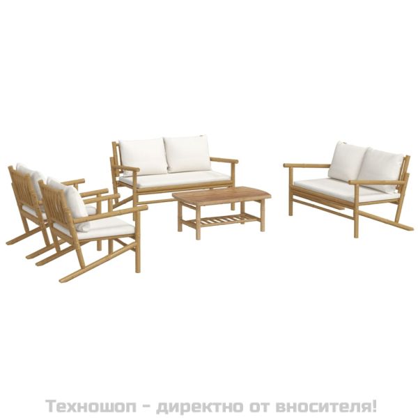 Градински лаундж комплект с кремави възглавници 5 части бамбук