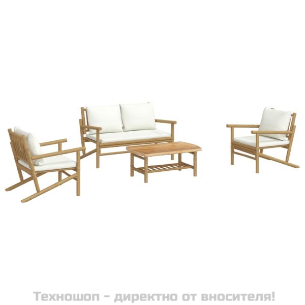 Градински лаундж комплект с кремави възглавници 4 части бамбук