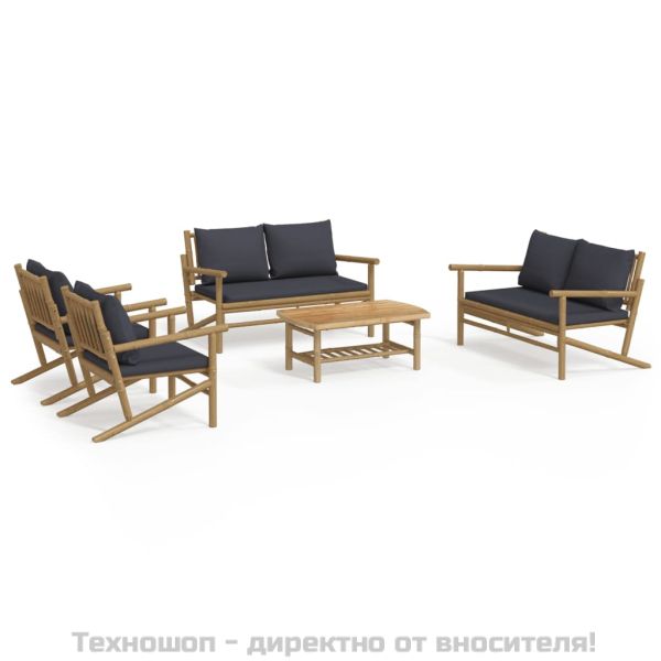 Градински лаундж комплект тъмносиви възглавници 5 части бамбук