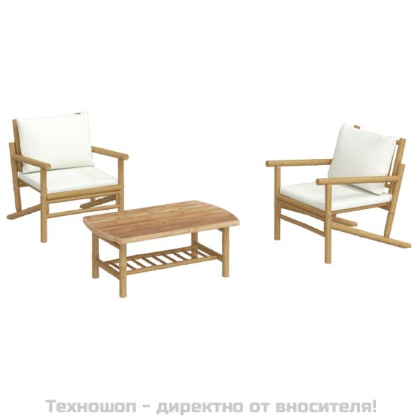 Градински лаундж комплект с кремави възглавници 3 части бамбук