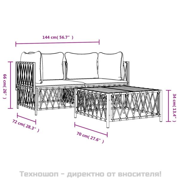 Градински лаундж комплект от 3 части с възглавници бял стомана