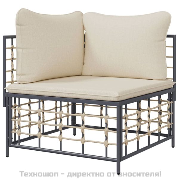 Градински ъглов диван с бежови възглавници, полиратан