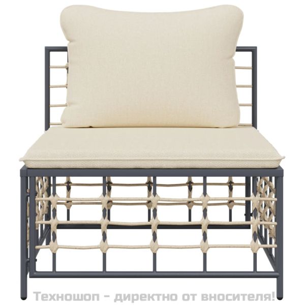 Градински среден диван с бежови възглавници, полиратан