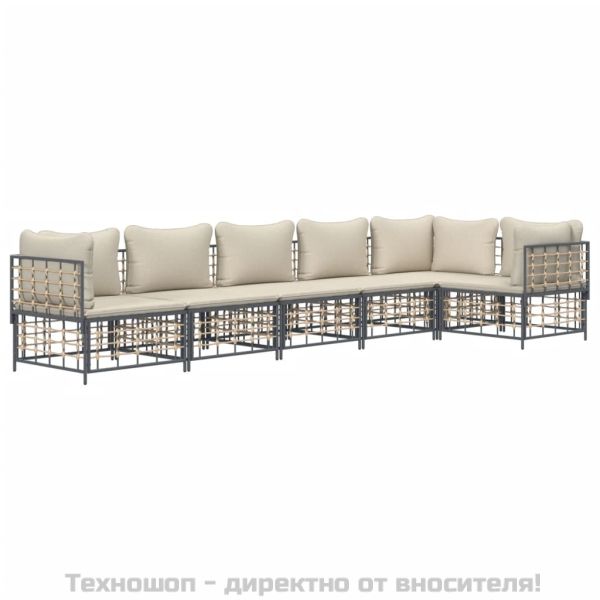 Градински комплект с възглавници 6 части антрацит полиратан