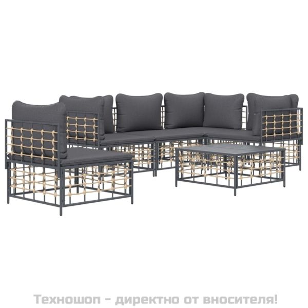 Градински комплект с възглавници 6 части антрацит полиратан