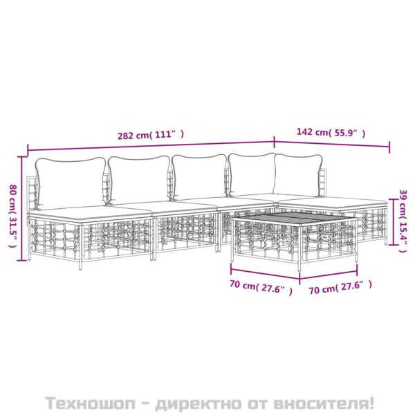 Градински комплект с възглавници 6 части антрацит полиратан