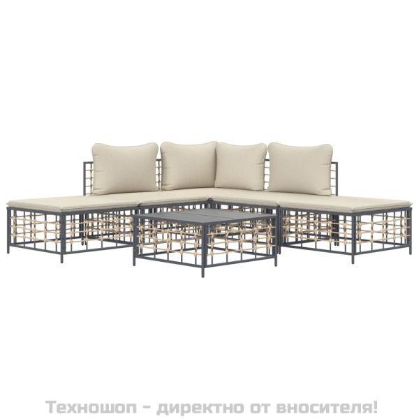 Градински комплект с възглавници 6 части антрацит полиратан