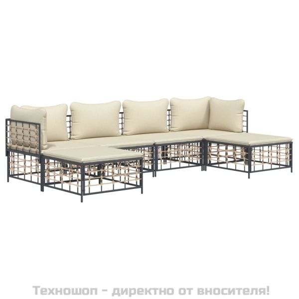 Градински комплект с възглавници 6 части антрацит полиратан