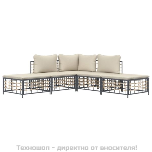 Градински комплект с възглавници 5 части антрацит полиратан