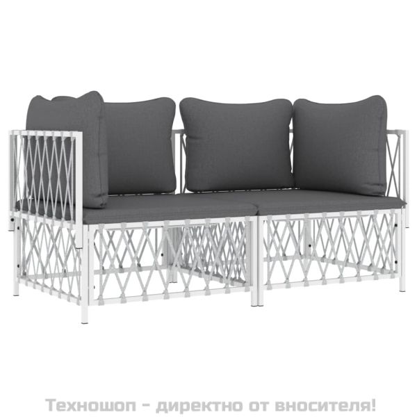 Градински лаундж комплект 2 части с възглавници бял стомана