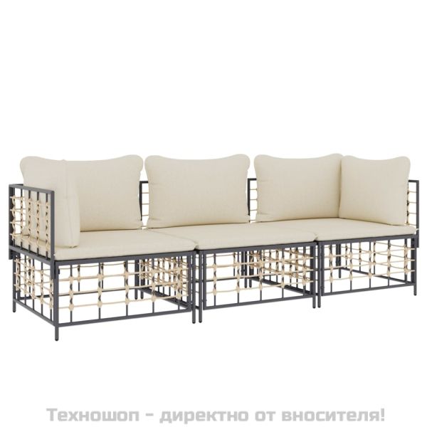 Градински комплект с възглавници 3 части антрацит полиратан