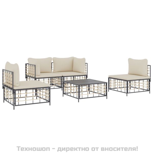 Градински комплект с възглавници 5 части антрацит полиратан