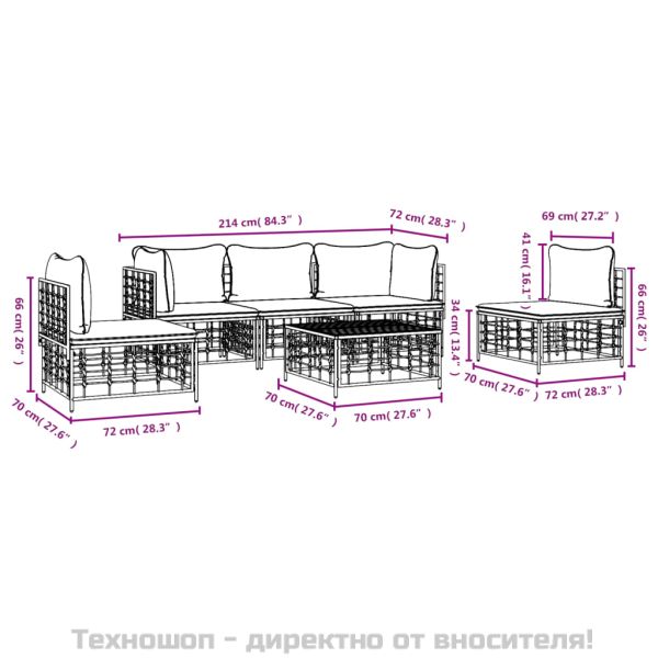Градински комплект с възглавници 6 части антрацит полиратан