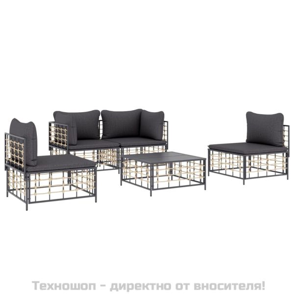 Градински комплект с възглавници 5 части антрацит полиратан