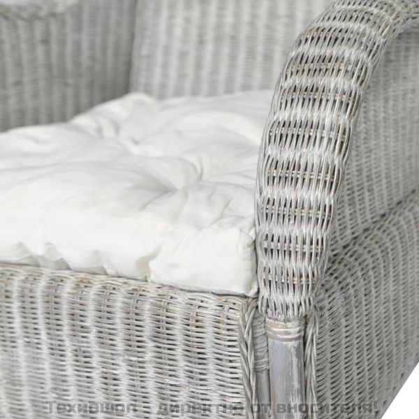 Диван с възглавница, сив, естествен ратан и лен
