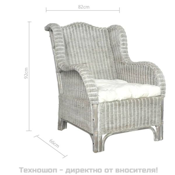 Диван с възглавница, сив, естествен ратан и лен