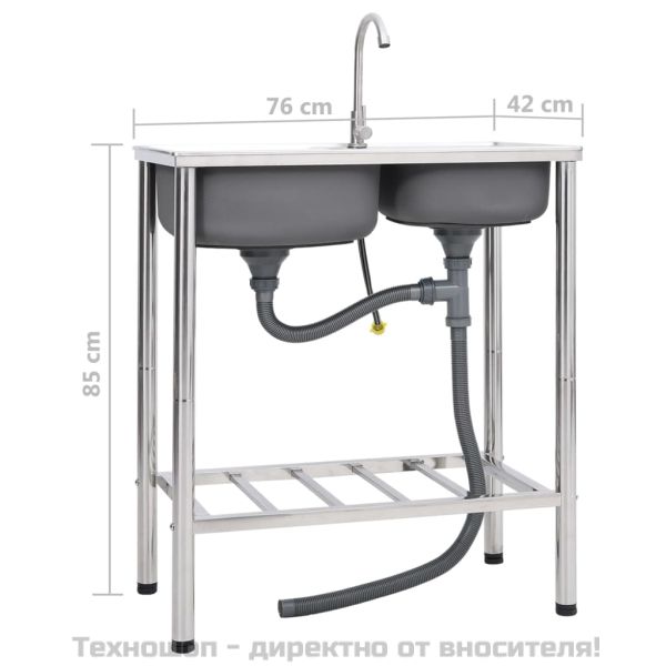 Къмпинг мивка, двойно корито, с кран, неръждаема стомана