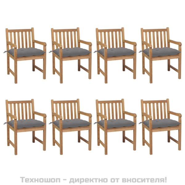 Градинки столове, 8 бр, сиви възглавници, тиково дърво масив