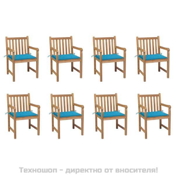 Градински столове, 8 бр, сини възглавници, тиково дърво масив