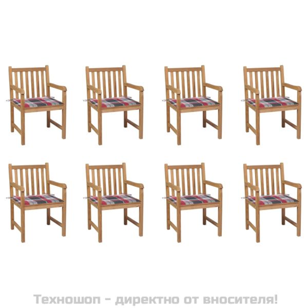 Градински столове, 8 бр, възглавници на червено каре, тик масив