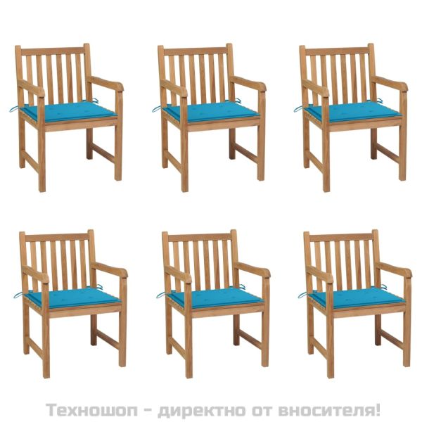 Градински столове 6 бр със сини възглавници тиково дърво масив